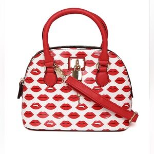 ALDO White & Red Lips Print Satchel Bag w/ Detachable Crossbody Strap